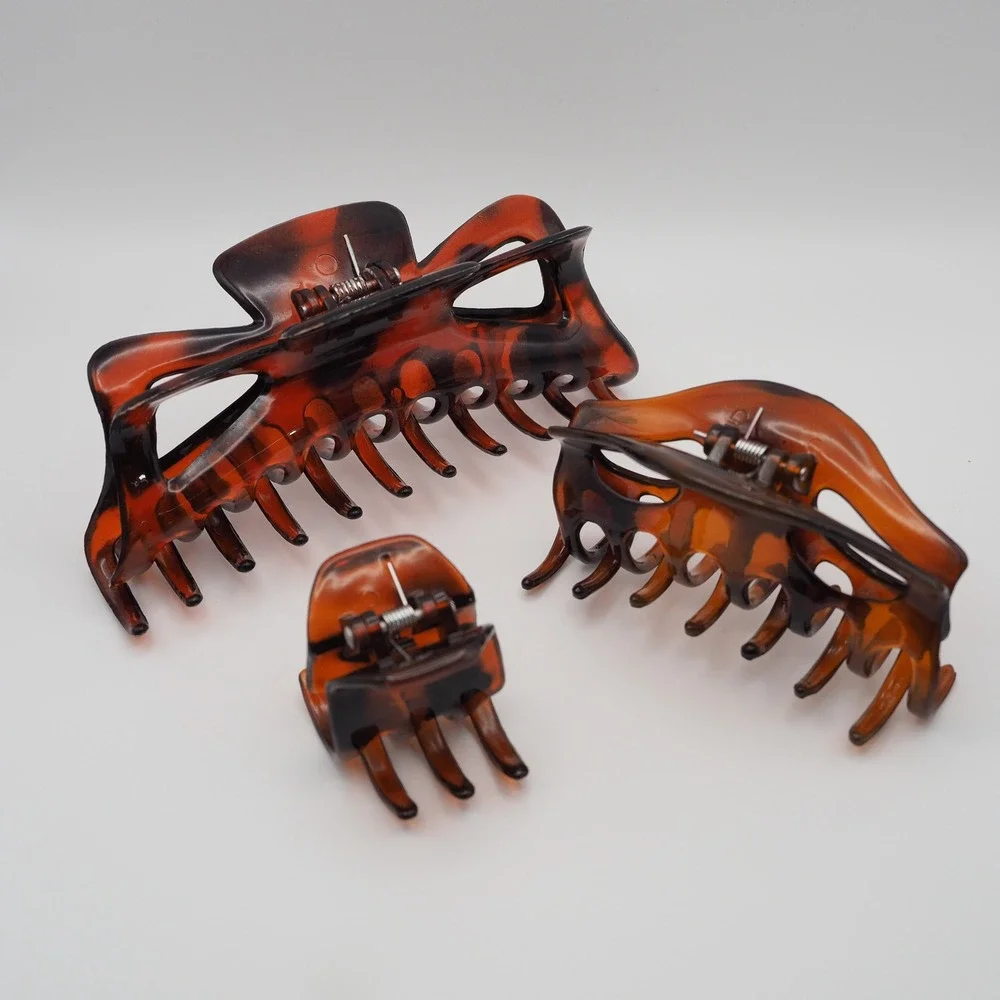 Vintage Claw Hair Clips Plastic Tortoise Shell Brown Set 3 Sizes Clamp Jaw Grip
